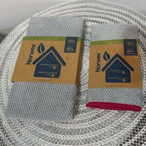 Norwex Kitchen Towel and Kitchen Cloth Graphite/Pomegranate Trim set of 2 NWT